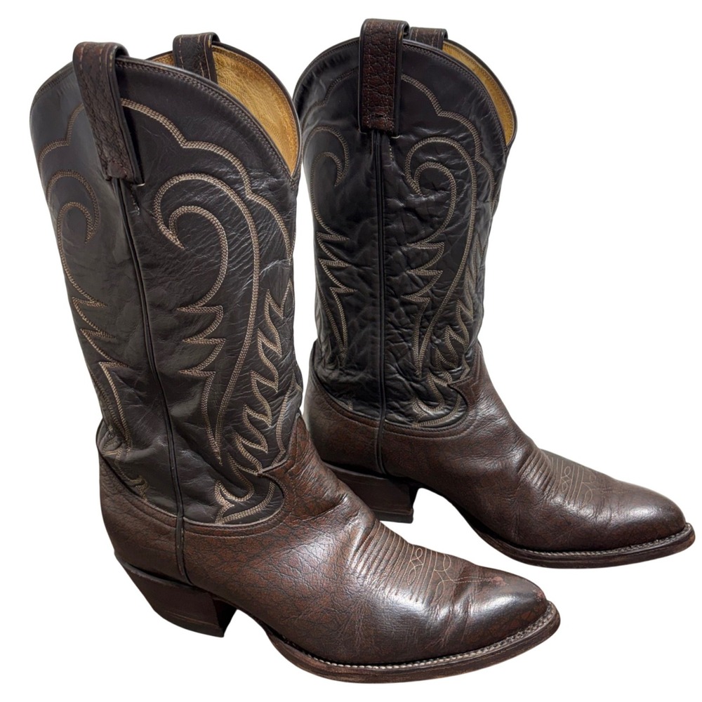 Tony Lama Cowboy Boots Men's 9.5 D Brown Leather Western Pointed Toe USA Vintage